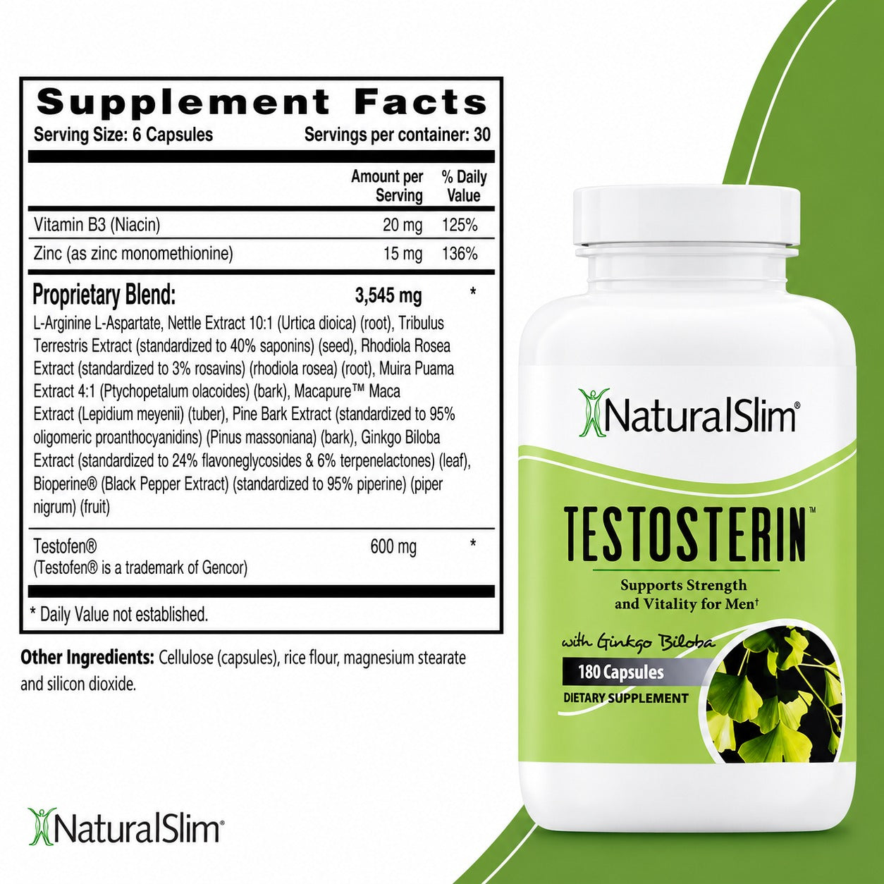 NaturalSlim Testosterin Men’s Multivitamin Testosterone Support Supplement – 180 Capsules