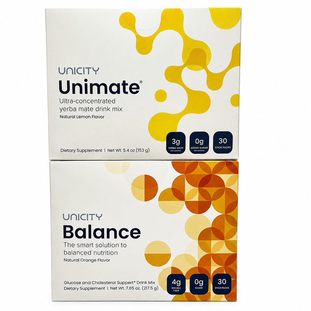 NEW Unicity Unimate Lemon & Balance Natural Orange Combo Pack – 2 Boxes | Yerba Mate Energy & Fiber Nutrition Drink Mix | 30 Sticks Each