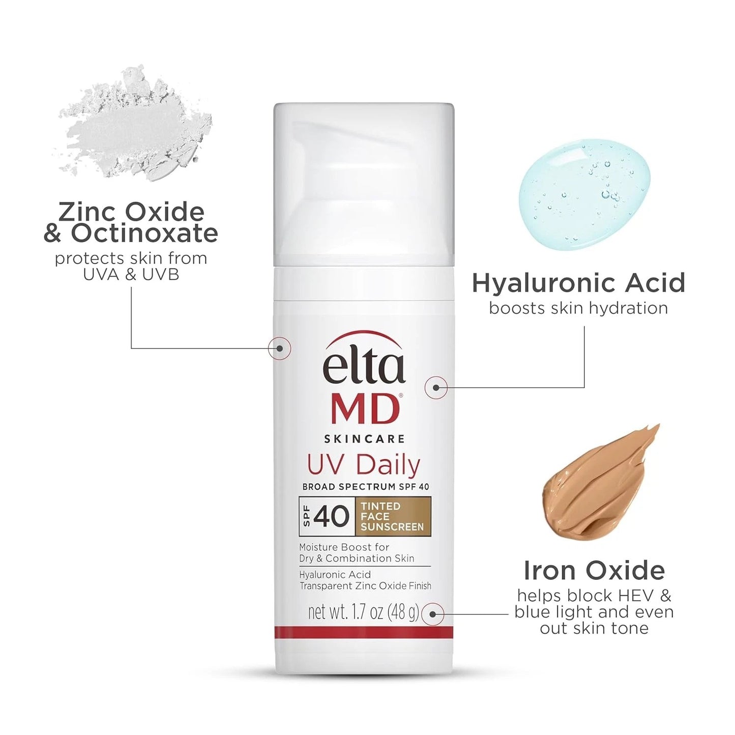 EltaMD UV Daily Tinted Broad Spectrum SPF 40 Face Sunscreen 1.7 oz (48g) Moisturizing Facial Sunscreen with Hyaluronic Acid