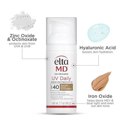 EltaMD UV Daily Tinted Broad Spectrum SPF 40 Face Sunscreen 1.7 oz (48g) Moisturizing Facial Sunscreen with Hyaluronic Acid