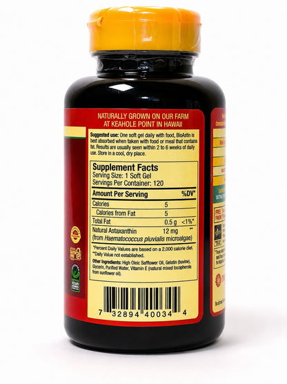 BioAstin Pure Hawaiian Astaxanthin 12mg Dietary Supplement – 120 Gel Caps (Exp 01/2028)