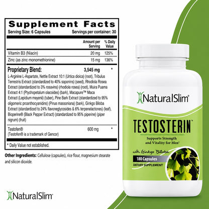 NaturalSlim Testosterin Men’s Multivitamin Testosterone Support Supplement – 180 Capsules