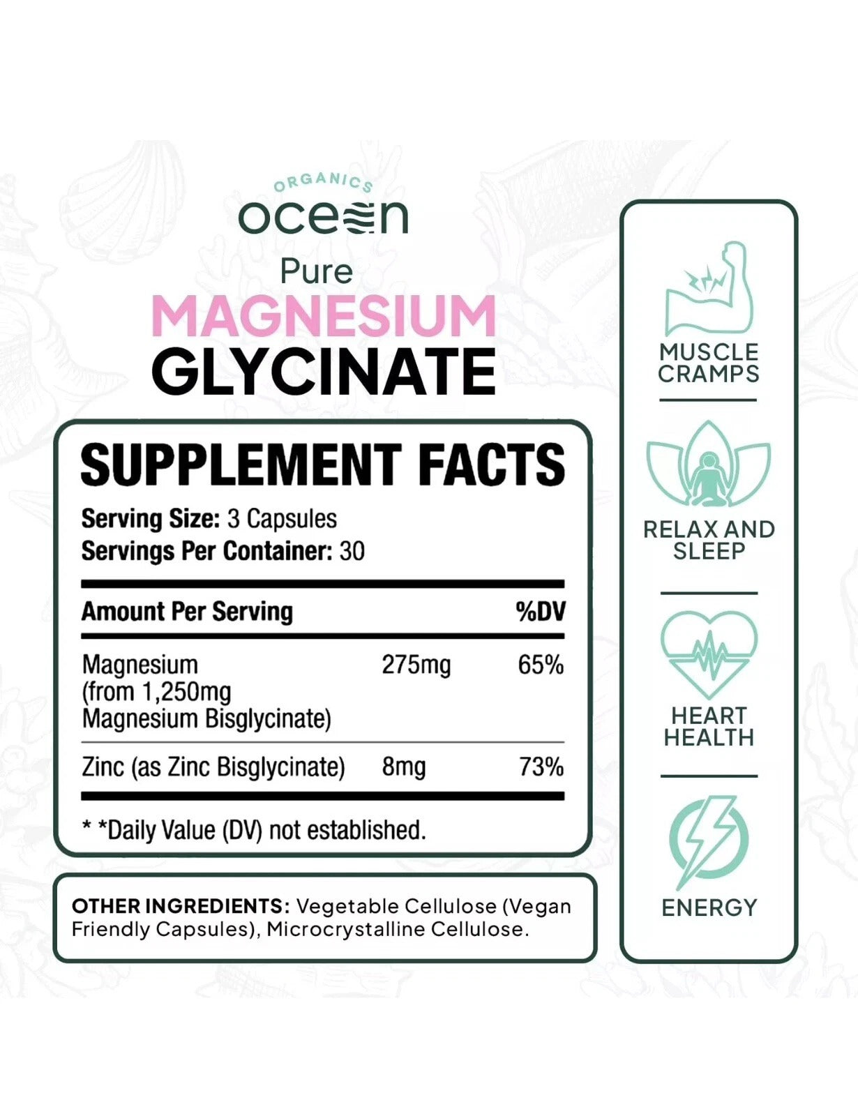 Organics Ocean Pure Magnesium Glycinate Zinc 4 Sleep 90 Capsules Dietary Supplement