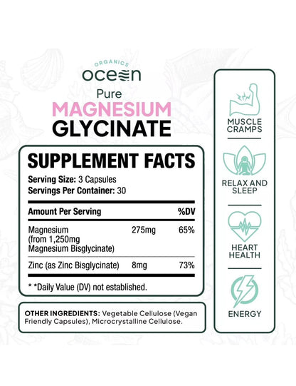 Organics Ocean Pure Magnesium Glycinate Zinc 4 Sleep 90 Capsules Dietary Supplement