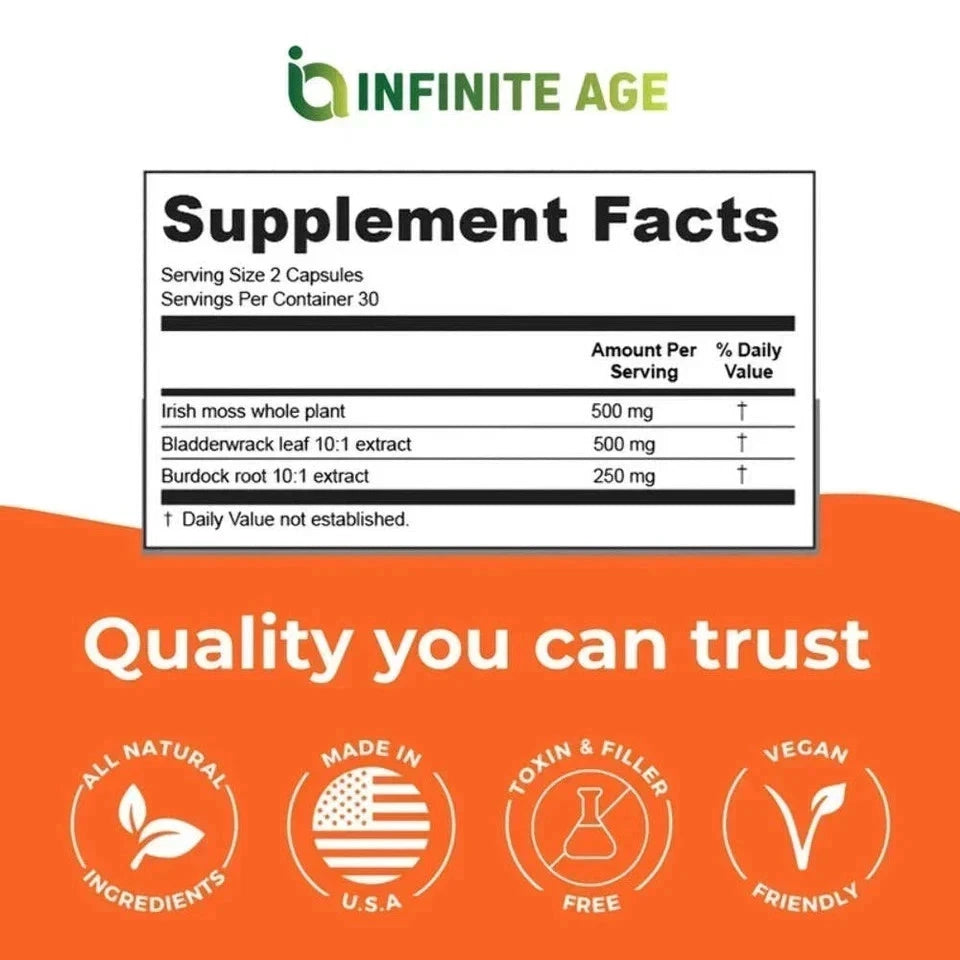 Infinite Age Sea Moss Advanced Superfood 1250mg High Potency Vegan Capsules, 60 Count