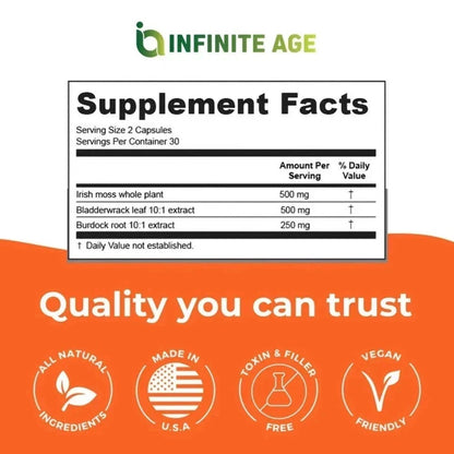 Infinite Age Sea Moss Advanced Superfood 1250mg High Potency Vegan Capsules, 60 Count